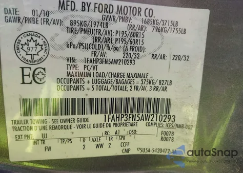 2010 Ford Focus Se from USA, damaged, VIN 1FAHP3FN5AW210293